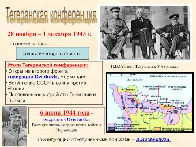 Тегеранская конференция открытие второго фронта И.В.Сталин, Ф.Рузвельт, У.Черчилль. Главный вопрос: Итоги Тегеранской