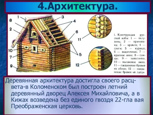 Деревянная архитектура достигла своего расц-вета-в Коломенском был построен летний деревянный дворец Алексея