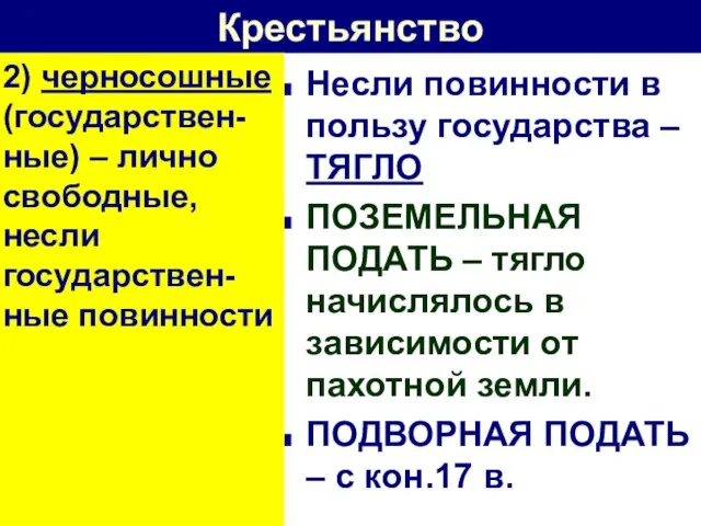 Крестьянство Несли повинности в пользу государства – ТЯГЛО ПОЗЕМЕЛЬНАЯ ПОДАТЬ – тягло