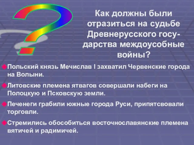 Как должны были отразиться на судьбе Древнерусского госу-дарства междоусобные войны? Польский князь