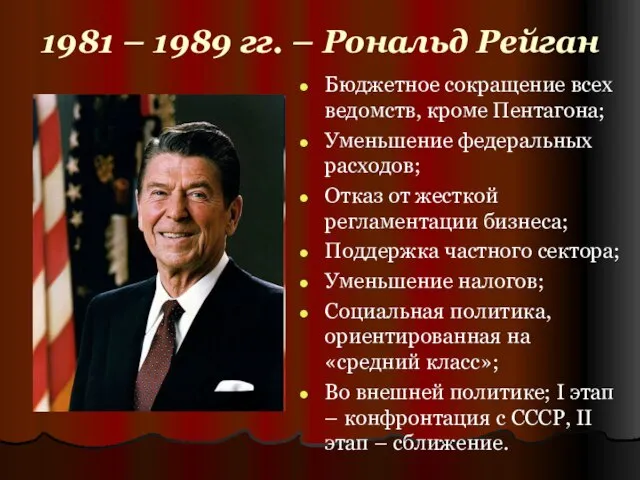 1981 – 1989 гг. – Рональд Рейган Бюджетное сокращение всех ведомств, кроме