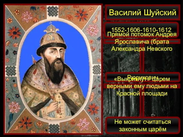 Василий Шуйский 1552-1606-1610-1612 Прямой потомок Андрея Ярославича (брата Александра Невского Рюрикович «Выкрикнут»