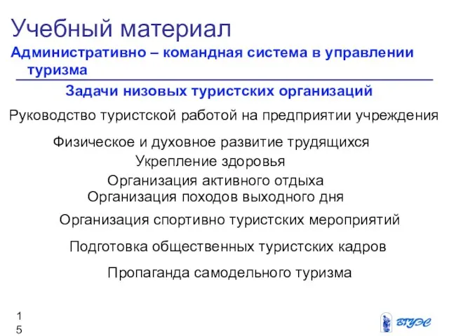 Учебный материал Административно – командная система в управлении туризма Задачи низовых туристских