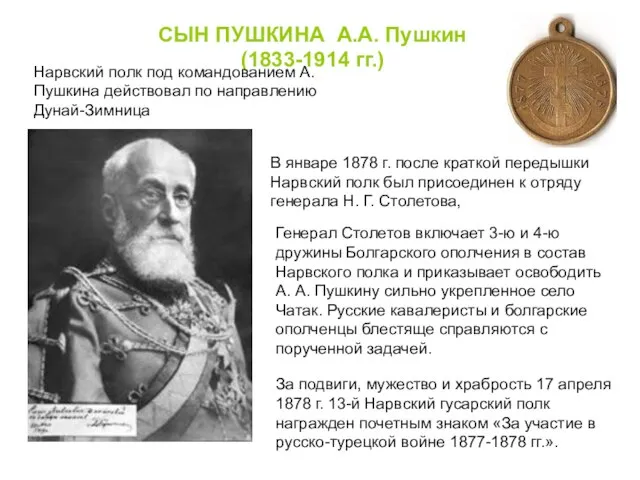 СЫН ПУШКИНА А.А. Пушкин (1833-1914 гг.) Нарвский полк под командованием А.Пушкина действовал