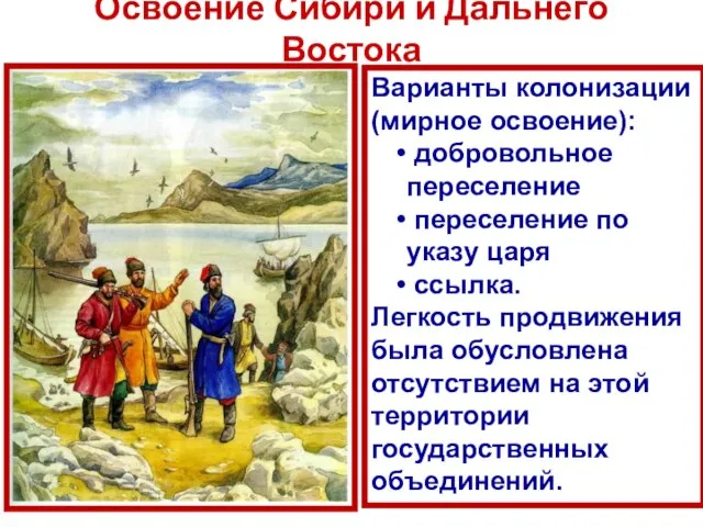 Освоение Сибири и Дальнего Востока Варианты колонизации (мирное освоение): добровольное переселение переселение
