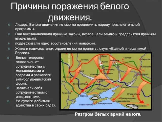 Лидеры Белого движения не смогли предложить народу привлекательной программы. Они восстанавливали прежние