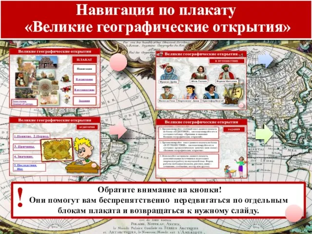 Навигация по плакату «Великие географические открытия» Обратите внимание на кнопки! Они помогут