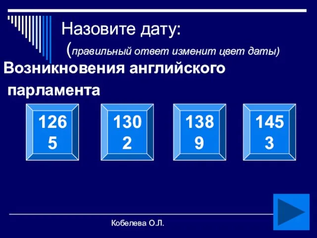 Кобелева О.Л. Назовите дату: (правильный ответ изменит цвет даты) Возникновения английского парламента 1265 1302 1389 1453