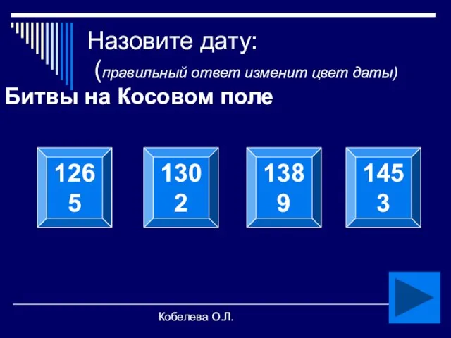 Кобелева О.Л. Назовите дату: (правильный ответ изменит цвет даты) Битвы на Косовом