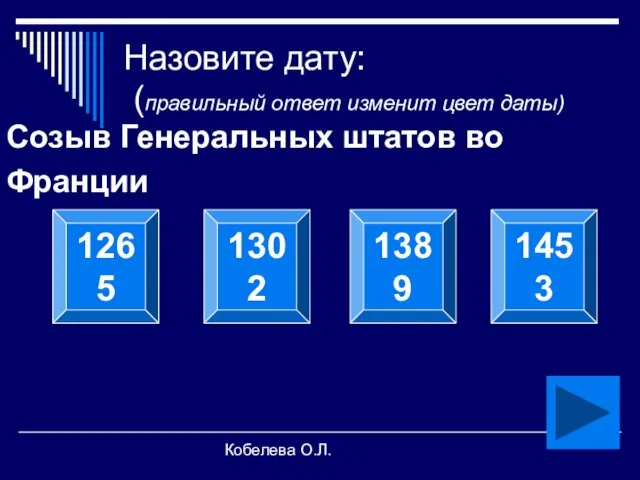 Кобелева О.Л. Назовите дату: (правильный ответ изменит цвет даты) Созыв Генеральных штатов