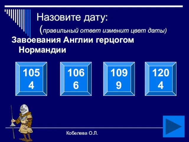 Кобелева О.Л. Назовите дату: (правильный ответ изменит цвет даты) Завоевания Англии герцогом