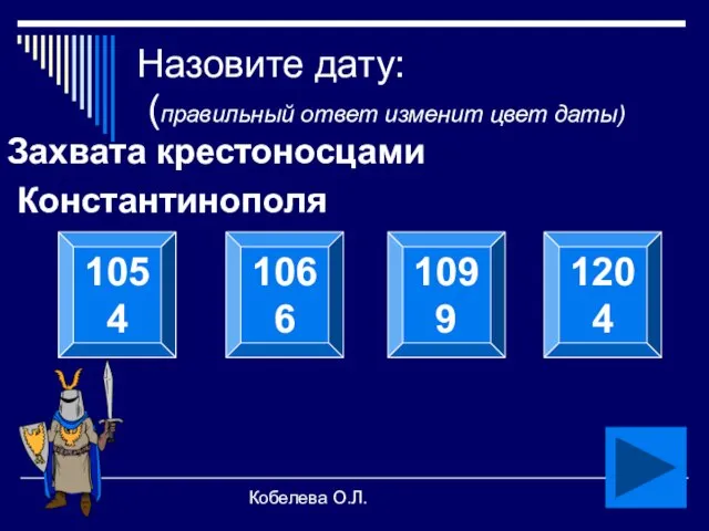 Кобелева О.Л. Назовите дату: (правильный ответ изменит цвет даты) Захвата крестоносцами Константинополя 1054 1066 1099 1204