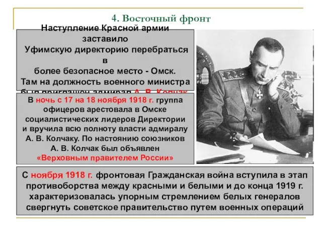 4. Восточный фронт Наступление Красной армии заставило Уфимскую директорию перебраться в более