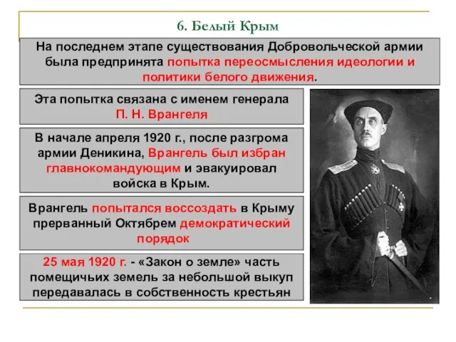 6. Белый Крым На последнем этапе существования Добровольческой армии была предпринята попытка