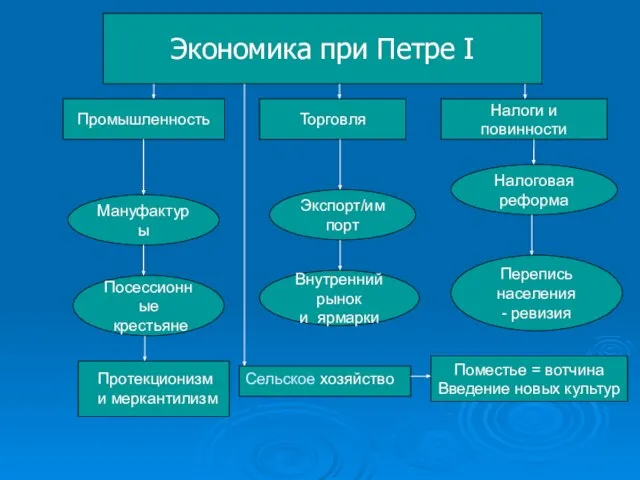 Экономика при Петре I Промышленность Налоги и повинности Торговля Посессионные крестьяне Экспорт/импорт