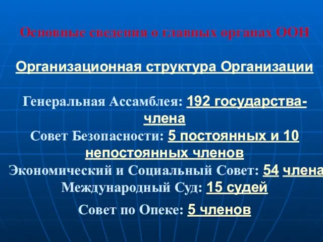 Основные сведения о главных органах ООН Организационная структура Организации Генеральная Ассамблея: 192