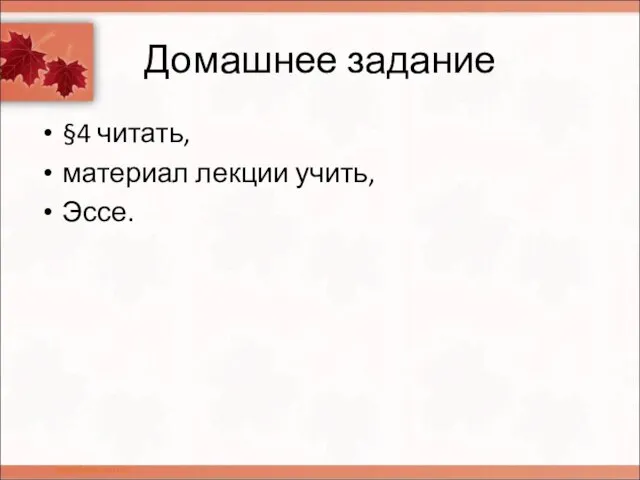 Домашнее задание §4 читать, материал лекции учить, Эссе.