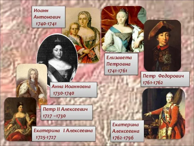 Екатерина I Алексеевна 1725-1727 Петр II Алексеевич 1727 –1730 Анна Иоанновна 1730-1740