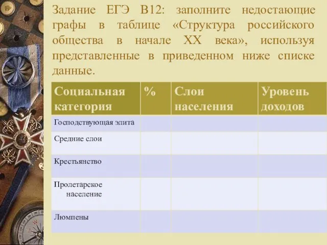 Задание ЕГЭ В12: заполните недостающие графы в таблице «Структура российского общества в