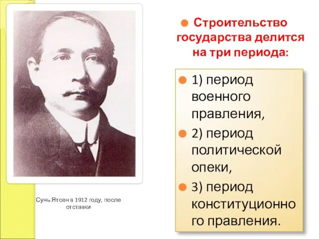 Сунь Ятсен в 1912 году, после отставки Строительство государства делится на три