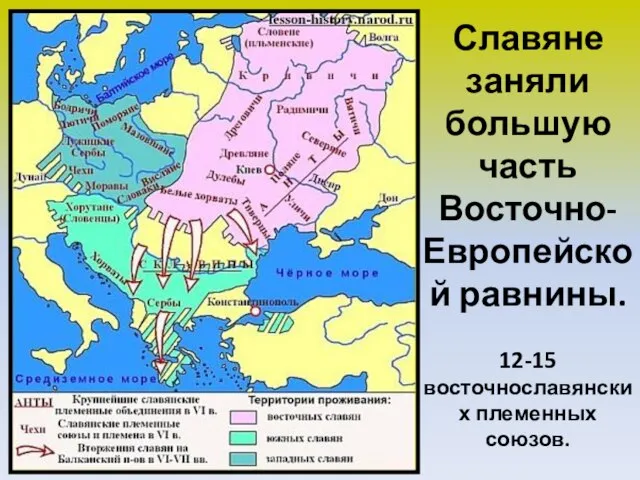 Славяне заняли большую часть Восточно-Европейской равнины. 12-15 восточнославянских племенных союзов.