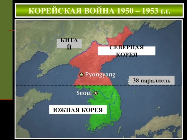 КОРЕЙСКАЯ ВОЙНА 1950 – 1953 г.г. КИТАЙ СЕВЕРНАЯ КОРЕЯ ЮЖНАЯ КОРЕЯ 38 параллель