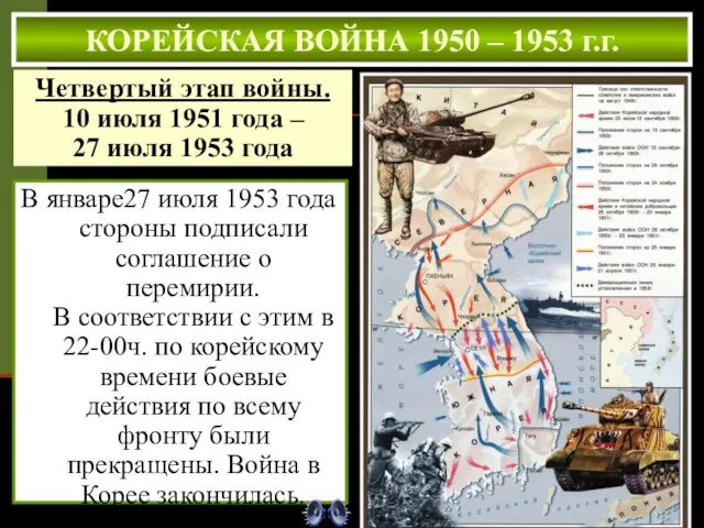 В январе27 июля 1953 года воюющие стороны подписали соглашение о перемирии. В