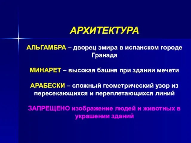 АРХИТЕКТУРА АЛЬГАМБРА – дворец эмира в испанском городе Гранада МИНАРЕТ – высокая