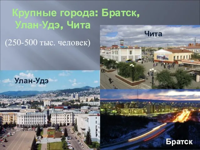 Крупные города: Братск, Улан-Удэ, Чита (250-500 тыс. человек) Чита Улан-Удэ Братск