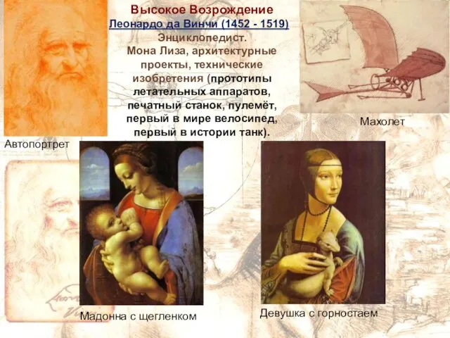 Высокое Возрождение Леонардо да Винчи (1452 - 1519) Энциклопедист. Мона Лиза, архитектурные