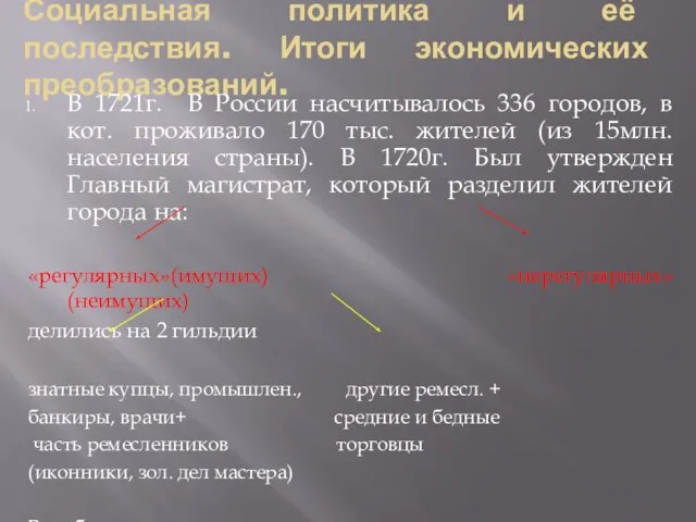 Социальная политика и её последствия. Итоги экономических преобразований. В 1721г. В России