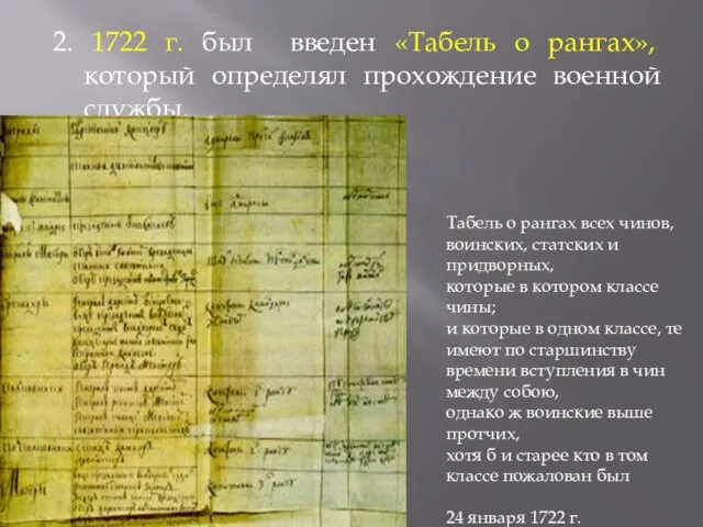 2. 1722 г. был введен «Табель о рангах», который определял прохождение военной