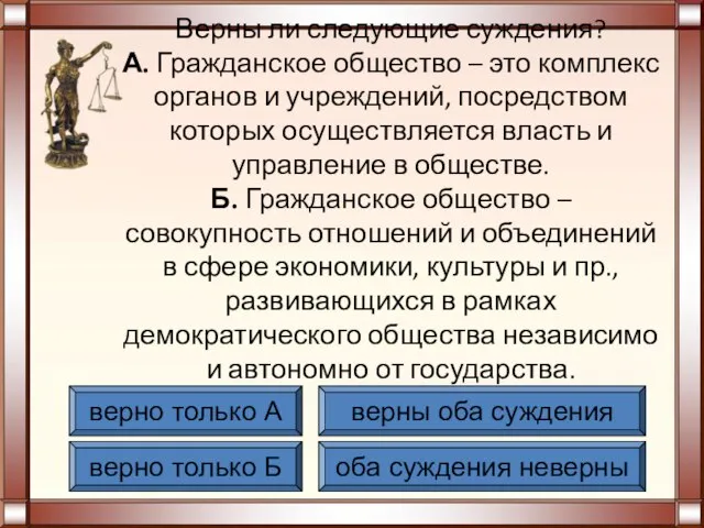 Верны ли следующие суждения? А. Гражданское общество – это комплекс органов и