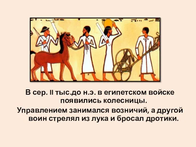 В сер. II тыс.до н.э. в египетском войске появились колесницы. Управлением занимался