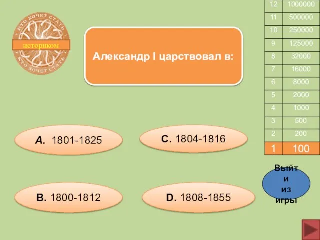 А. 1801-1825 С. 1804-1816 В. 1800-1812 D. 1808-1855 Александр I царствовал в: историком Выйти из игры