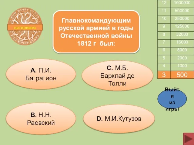 историком Главнокомандующим русской армией в годы Отечественной войны 1812 г был: А.