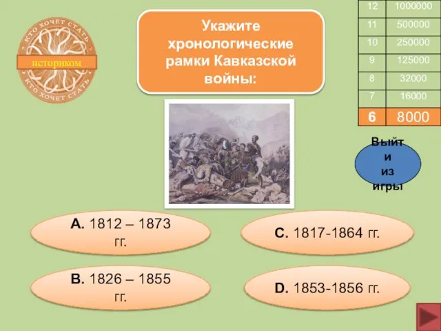 историком Укажите хронологические рамки Кавказской войны: А. 1812 – 1873 гг. С.