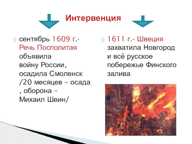 Интервенция сентябрь 1609 г.- Речь Посполитая объявила войну России, осадила Смоленск /20