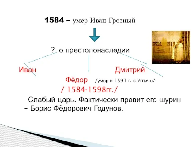 1584 – умер Иван Грозный ? о престолонаследии Иван Дмитрий Фёдор /умер