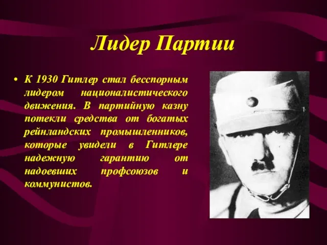 Лидер Партии К 1930 Гитлер стал бесспорным лидером националистического движения. В партийную