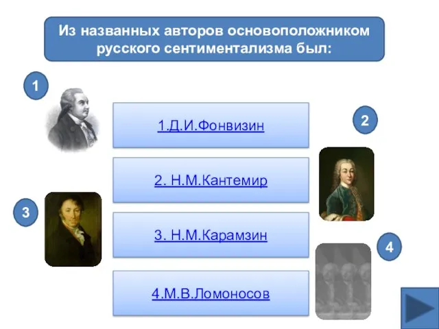 Из названных авторов основоположником русского сентиментализма был: 1.Д.И.Фонвизин 2. Н.М.Кантемир 3. Н.М.Карамзин