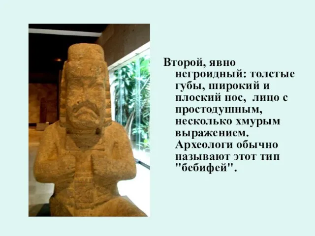 Второй, явно негроидный: толстые губы, широкий и плоский нос, лицо с простодушным,