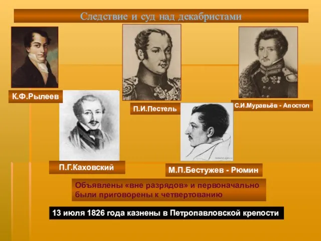 Следствие и суд над декабристами К.Ф.Рылеев С.И.Муравьёв - Апостол П.И.Пестель Объявлены «вне