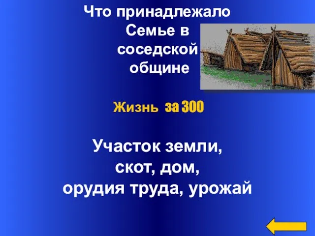 Что принадлежало Семье в соседской общине Участок земли, скот, дом, орудия труда, урожай Жизнь за 300