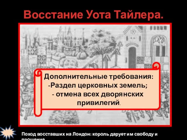 Восстание Уота Тайлера. 1381 г. Поход восставших на Лондон: король дарует им