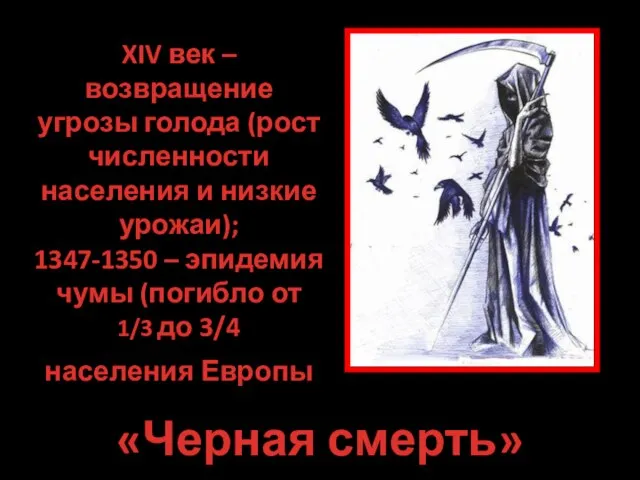 «Черная смерть» XIV век – возвращение угрозы голода (рост численности населения и