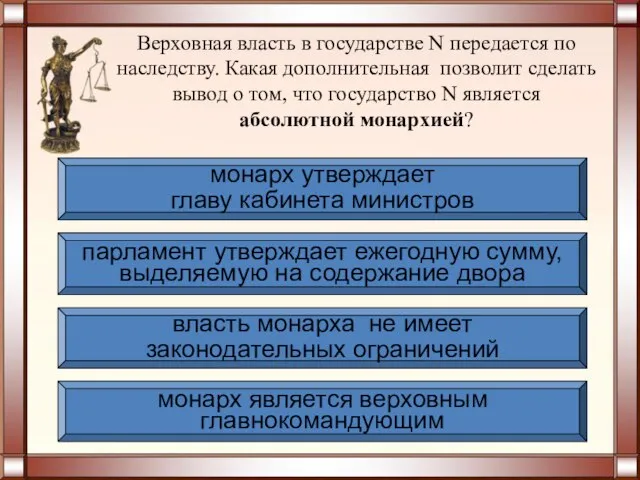 Верховная власть в государстве N передается по наследству. Какая дополнительная позволит сделать