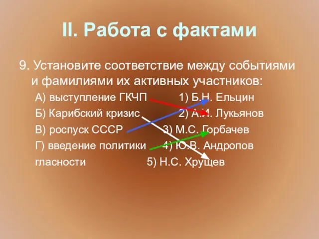 II. Работа с фактами 9. Установите соответствие между событиями и фамилиями их