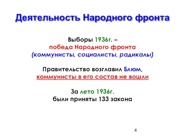 Деятельность Народного фронта Выборы 1936г. – победа Народного фронта (коммунисты, социалисты, радикалы)