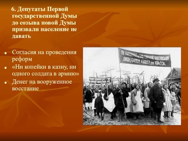 6. Депутаты Первой государственной Думы до созыва новой Думы призвали население не